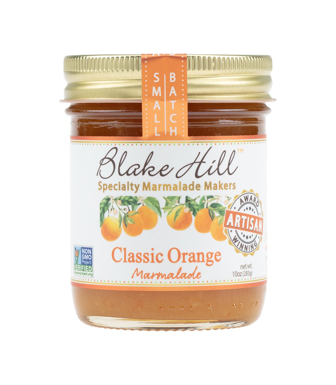 Blake Hill Classic Orange Marmalade in a 10oz jar, featuring a gold lid and vibrant orange label.