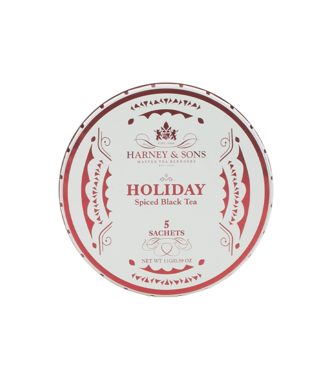 Round tin of Harney & Sons Holiday Spiced Black Tea, containing 5 sachets, with festive red and white design.