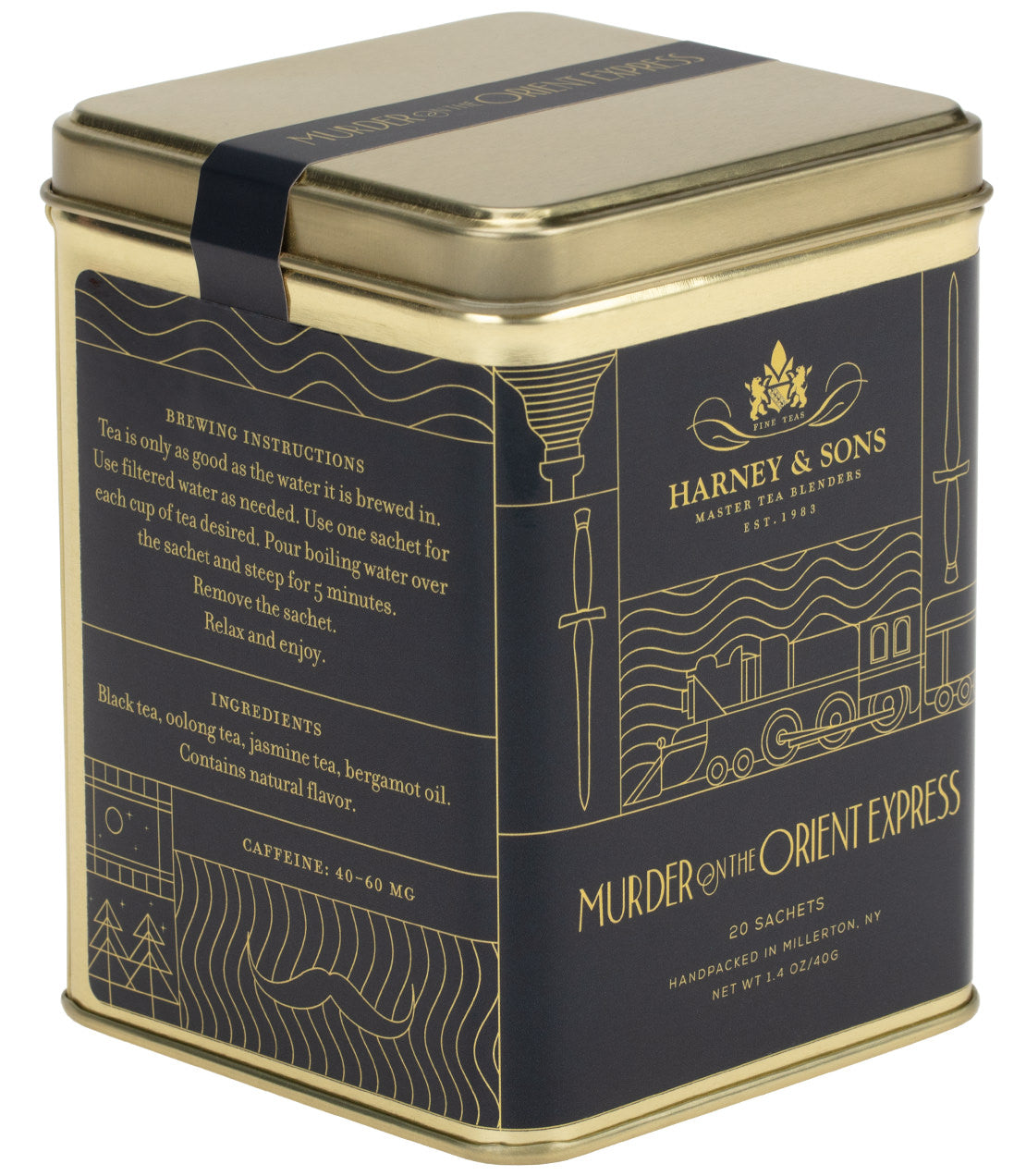 Harney & Sons Murder on the Orient Express tea blend tin, featuring 20 sachets with brewing instructions and ingredients.