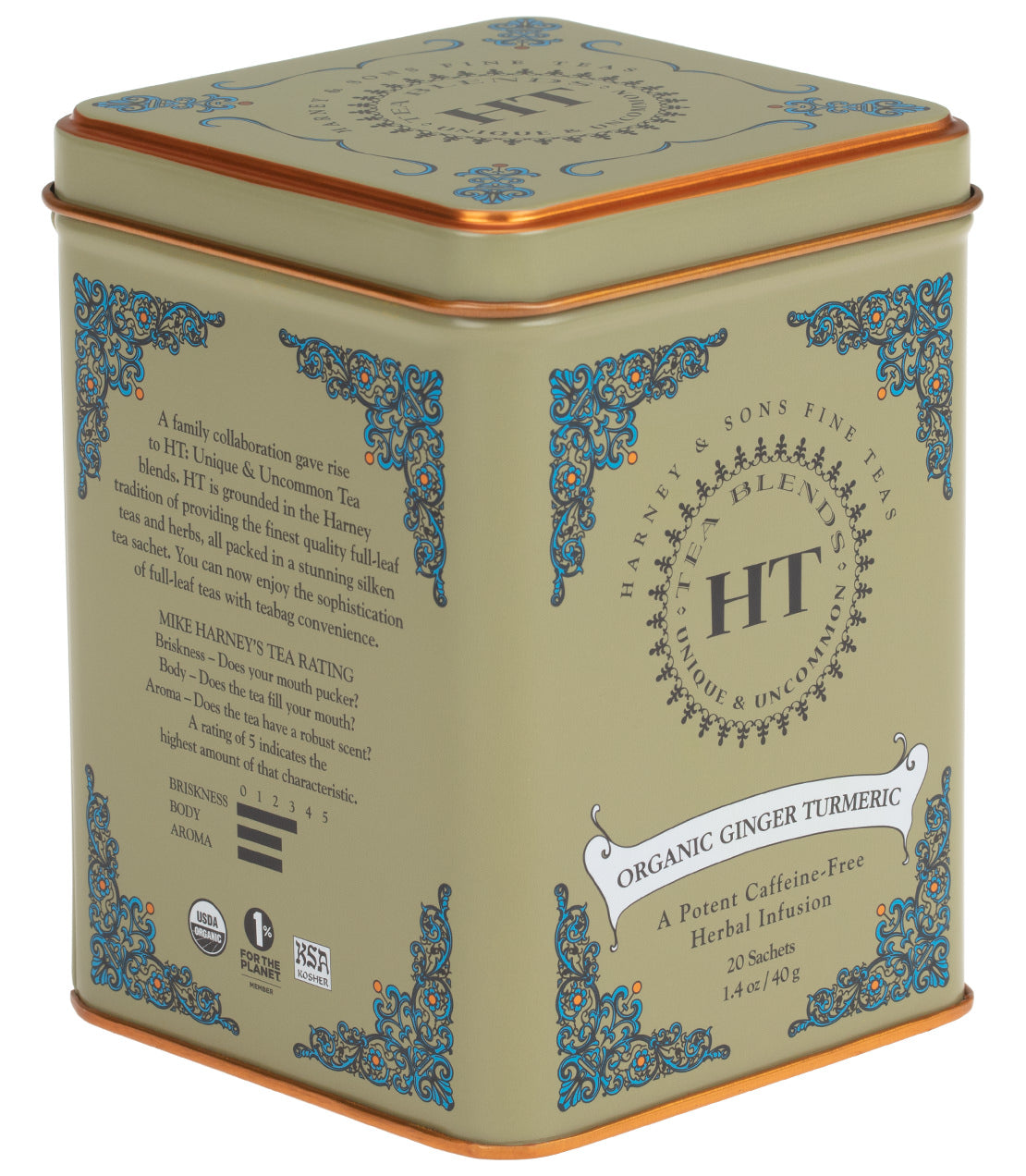 Organic Ginger Turmeric tea tin with 20 sachets, featuring elegant design and herbal infusion details.