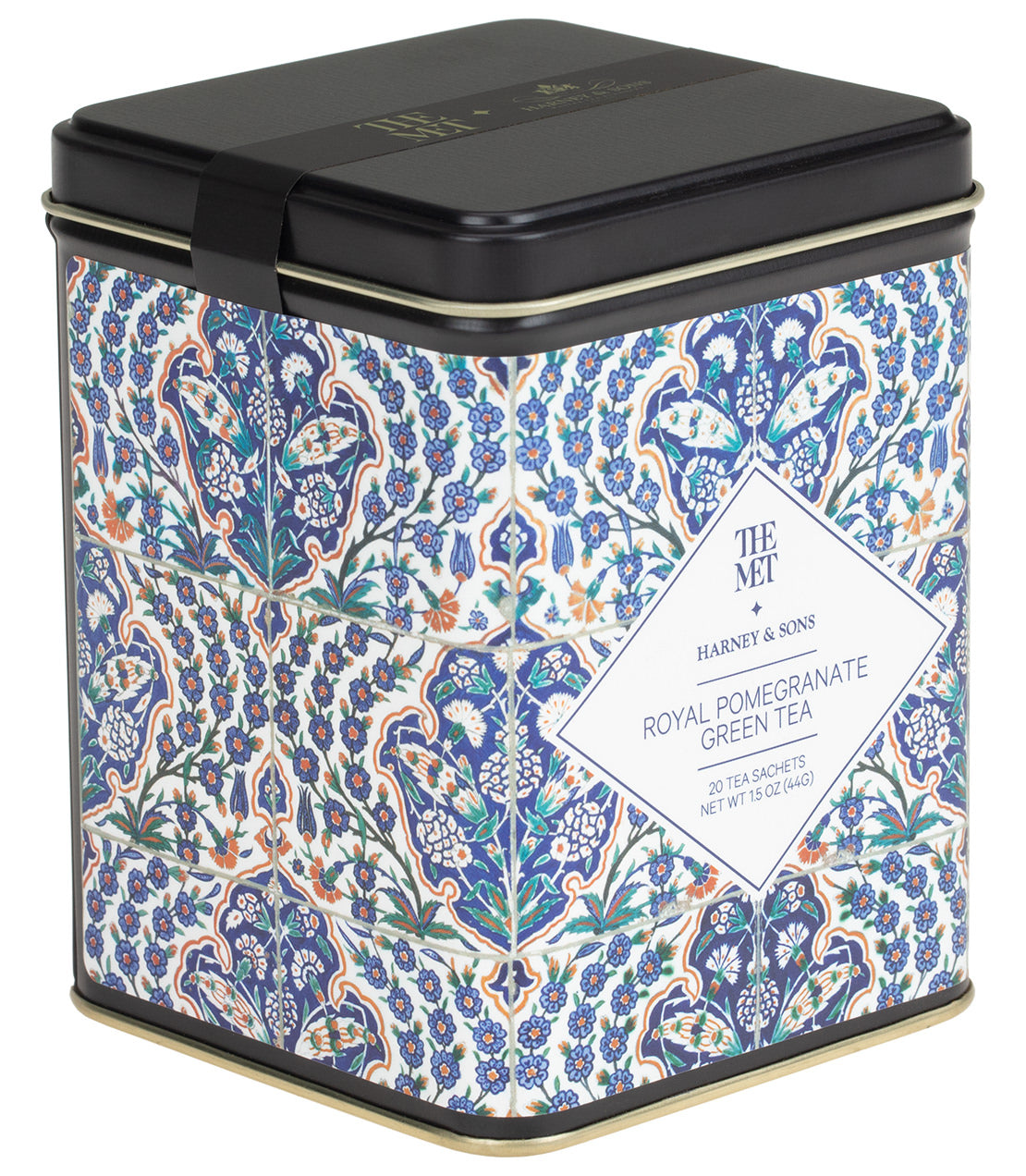 Royal Pomegranate Green Tea tin by Harney & Sons, featuring intricate floral design, contains 20 tea sachets.
