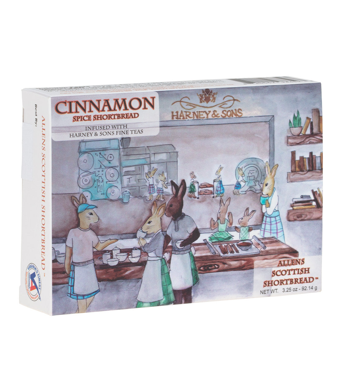 Box of Allens Scottish Shortbread in assorted flavors, featuring a whimsical illustration of rabbits baking in a kitchen.