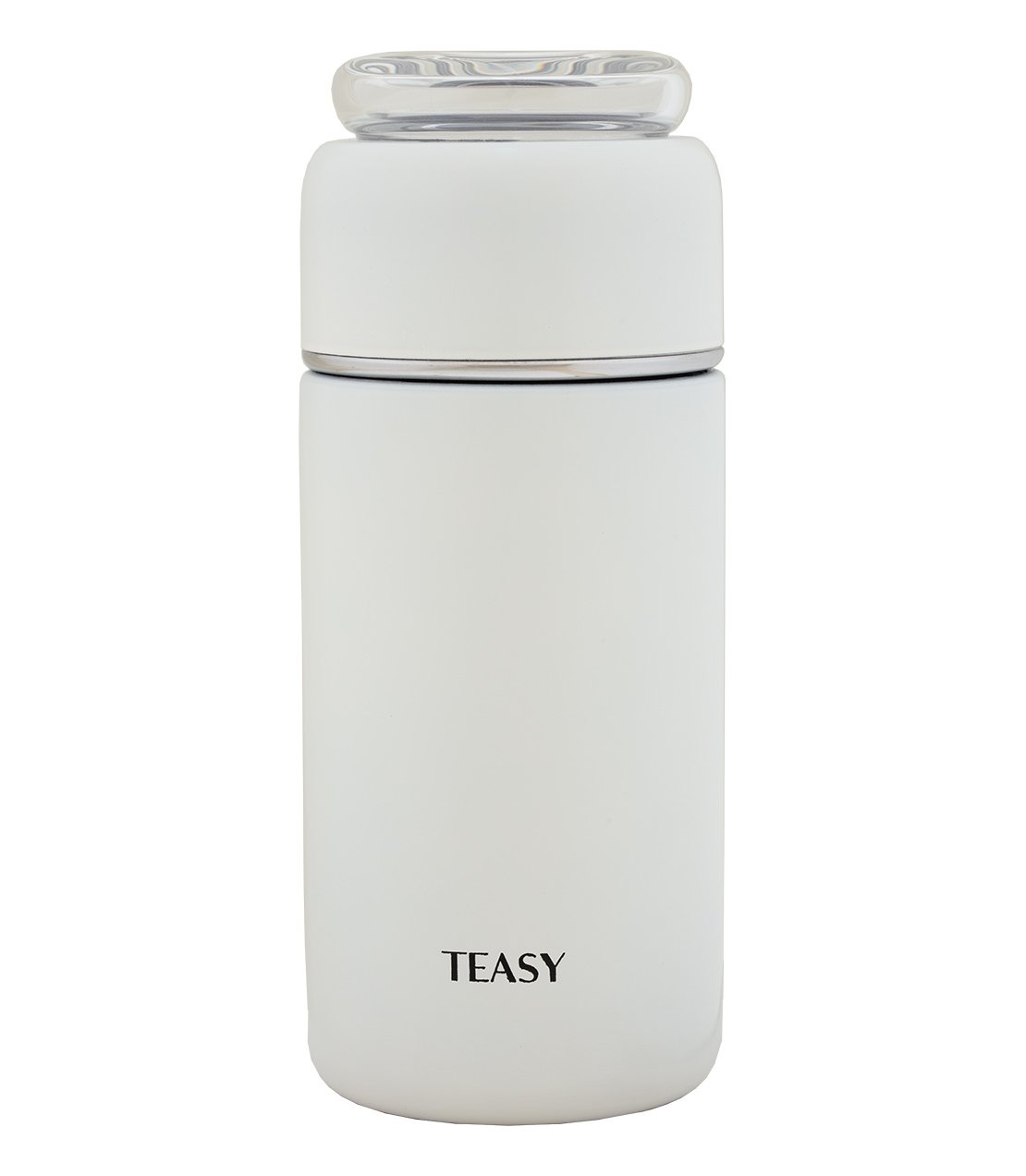 Teasy insulated flask in white, featuring a sleek design and a secure lid, perfect for hot or cold beverages.