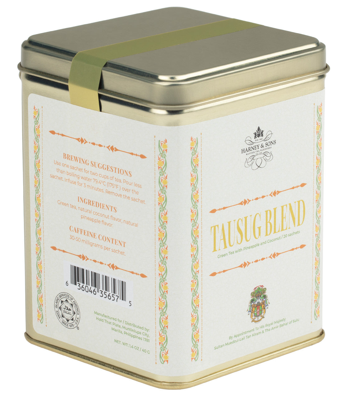 "Tausug Blend tea tin with 20 sachets, featuring green tea, pineapple, and coconut flavors.