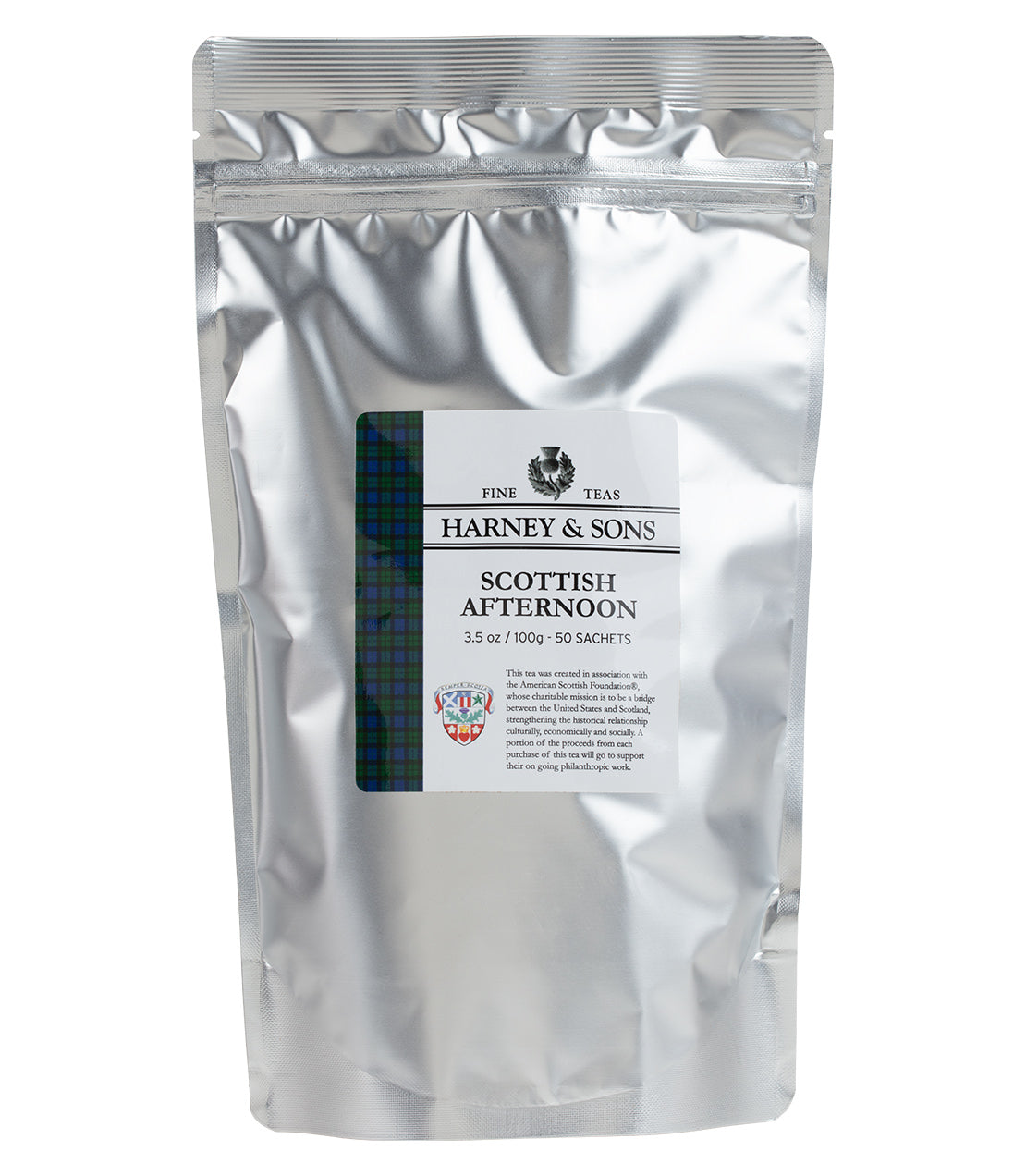 Silver pouch of Harney & Sons Scottish Afternoon tea, containing 50 sachets, featuring a tartan design label.