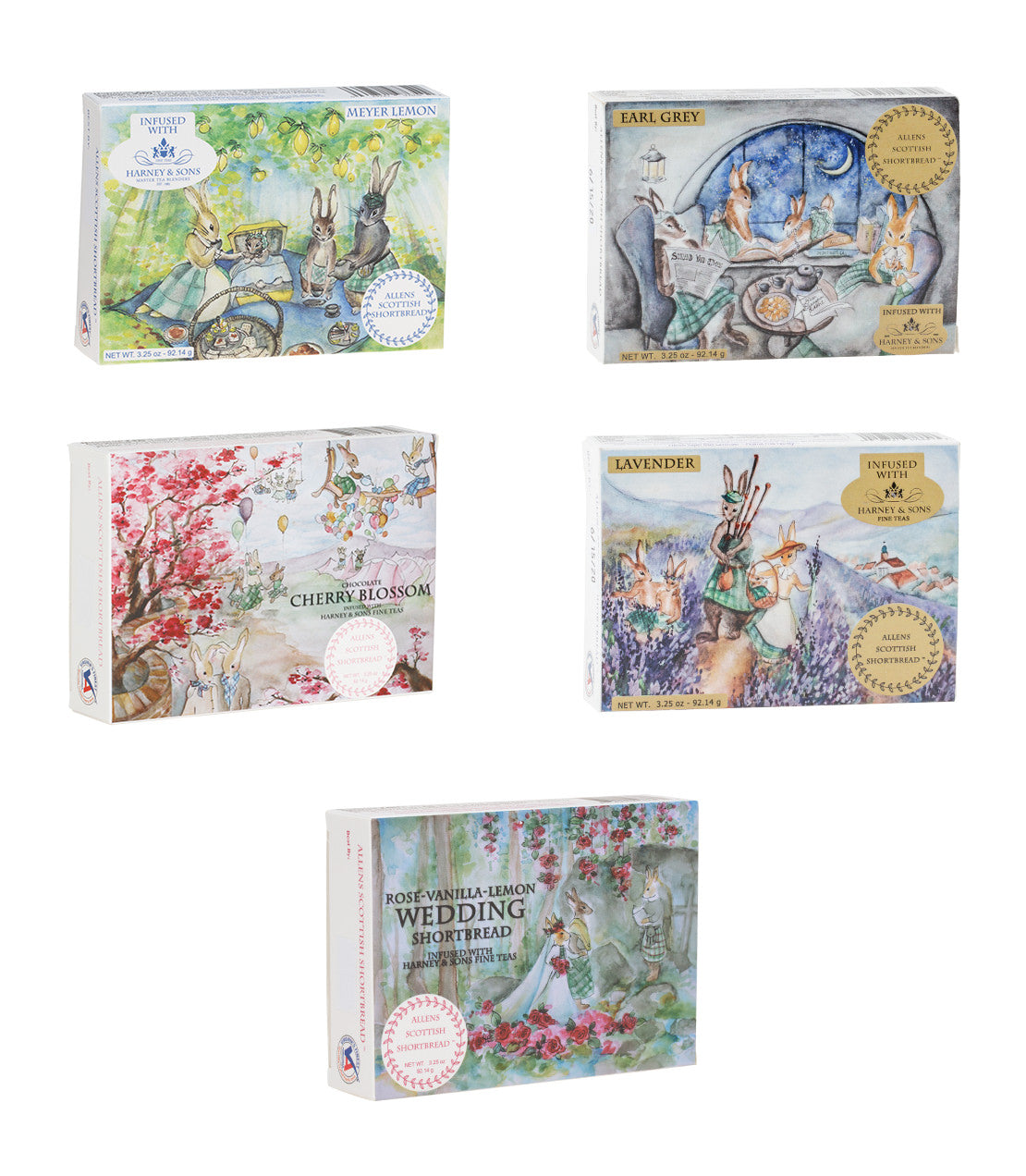 Assorted Allens Scottish Shortbread boxes featuring flavors: Earl Grey, Lavender, Cherry Blossom, and more.