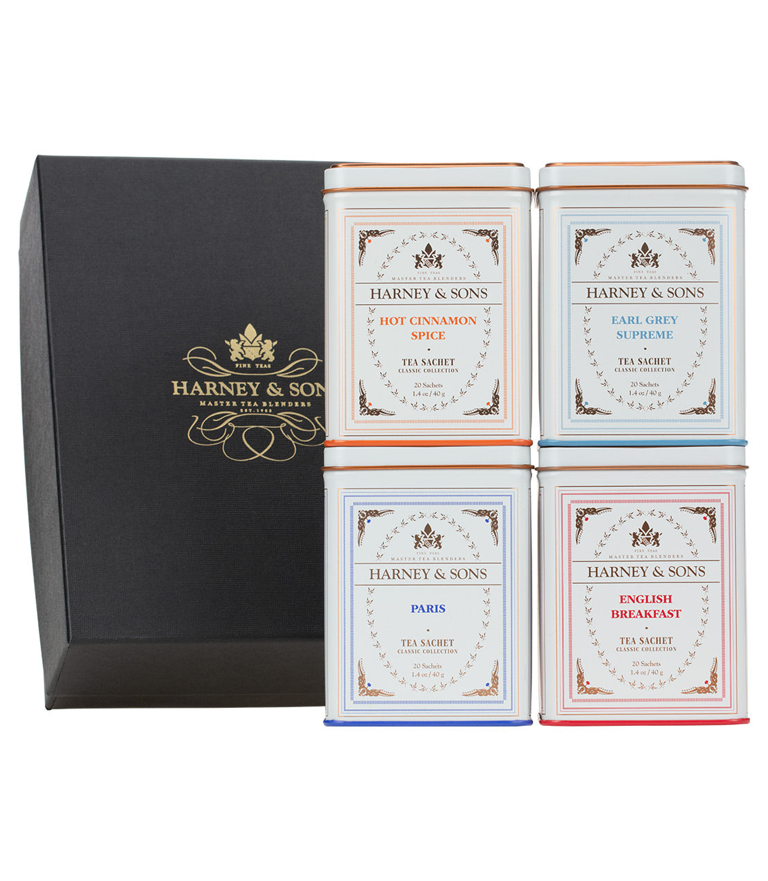 Harney & Sons Best Sellers gift box featuring four tea sachet tins: Hot Cinnamon Spice, Earl Grey Supreme, English Breakfast, and Paris.