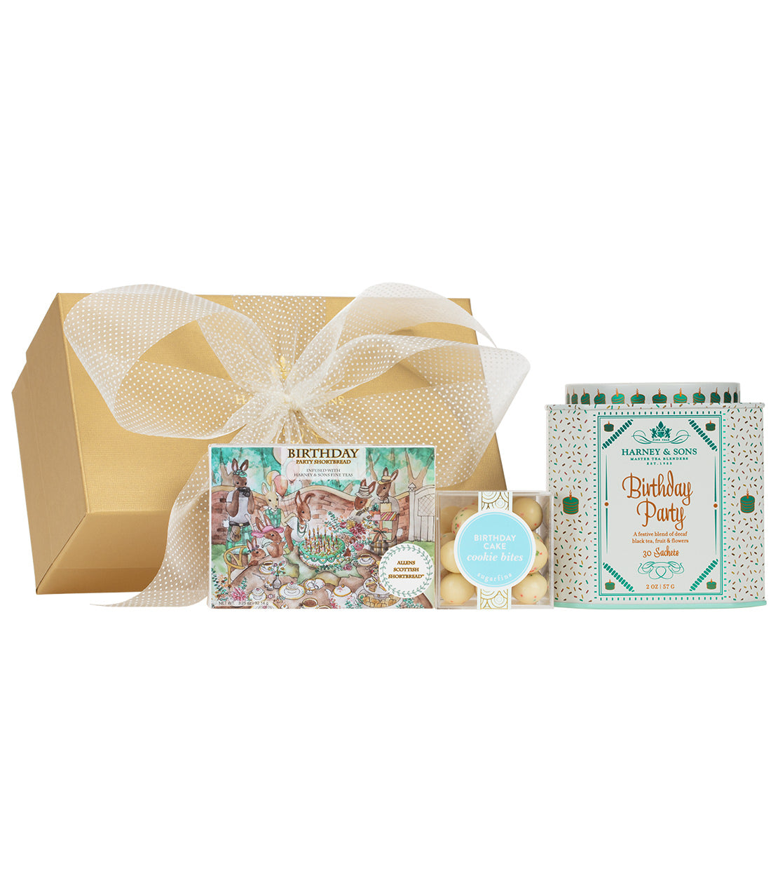 Gold gift box with a festive birthday theme, including treats and a decorative card. Perfect for celebrations.