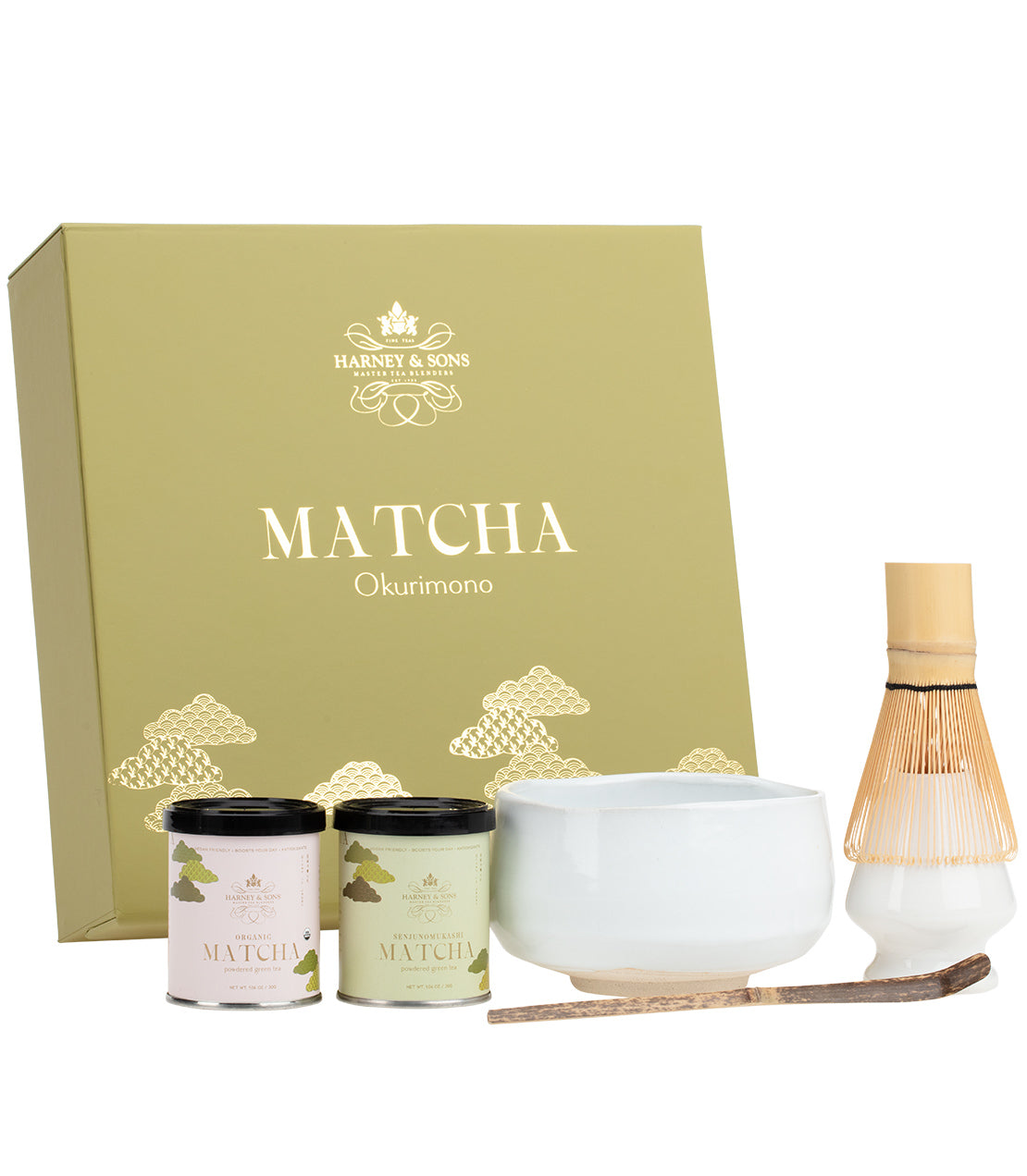 Matcha Okurimono gift set featuring two matcha tins, a ceramic bowl, bamboo whisk, and a wooden scoop in a decorative box.