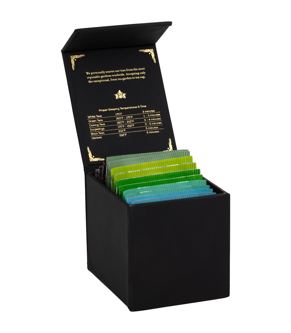 Harney Heritage organic teabag sampler in a black box, featuring assorted tea flavors and brewing instructions.