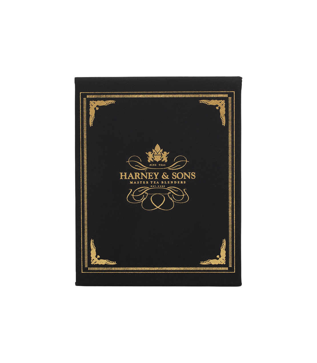 Harney & Sons Organic Teabag Sampler in a sleek black box with gold accents and logo.