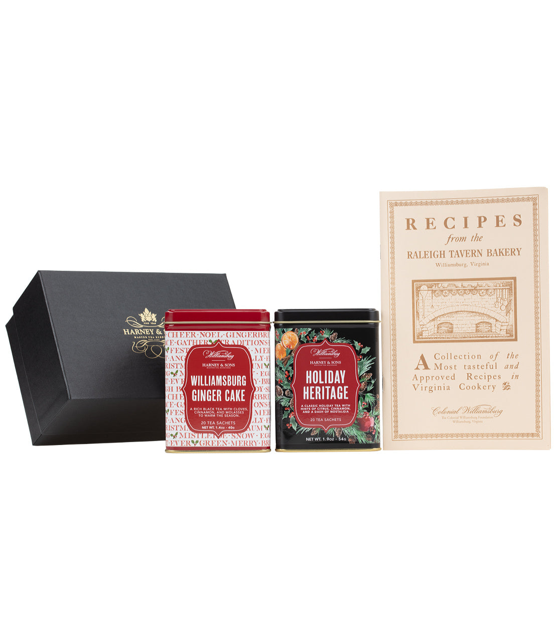 Williamsburg Duo gift set featuring ginger cake and holiday heritage tins, alongside a cookbook of Virginia recipes.