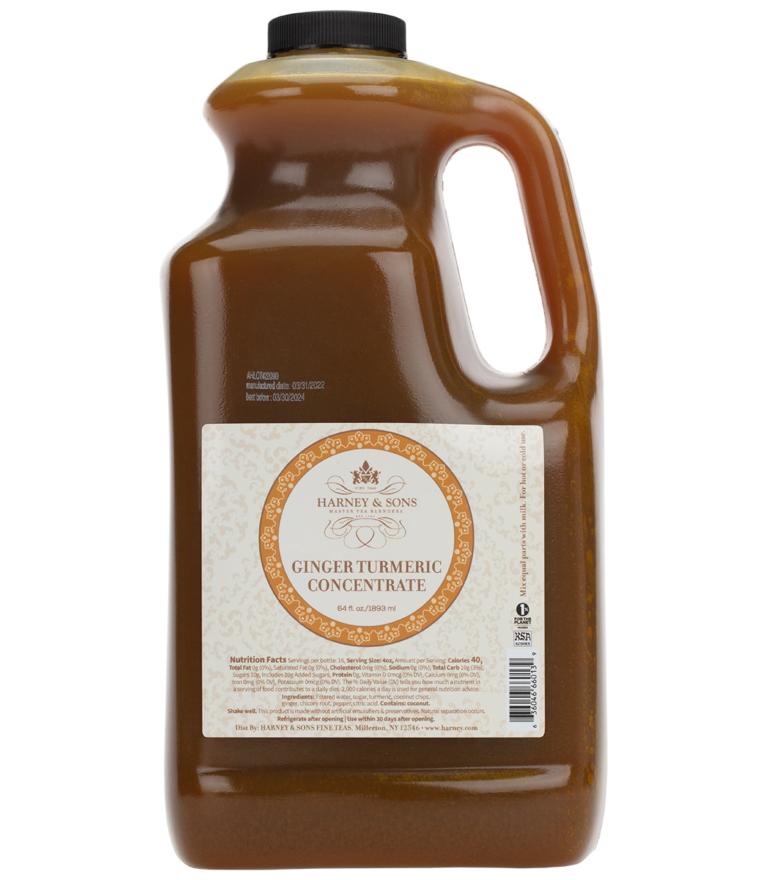 Ginger Turmeric Concentrate in a large jug, featuring a label with nutritional information and branding.