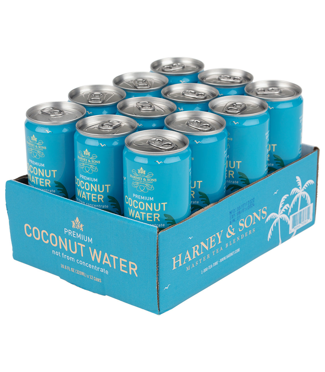 A display of Harney & Sons Premium Coconut Water cans in a blue cardboard box, featuring 12 cans.