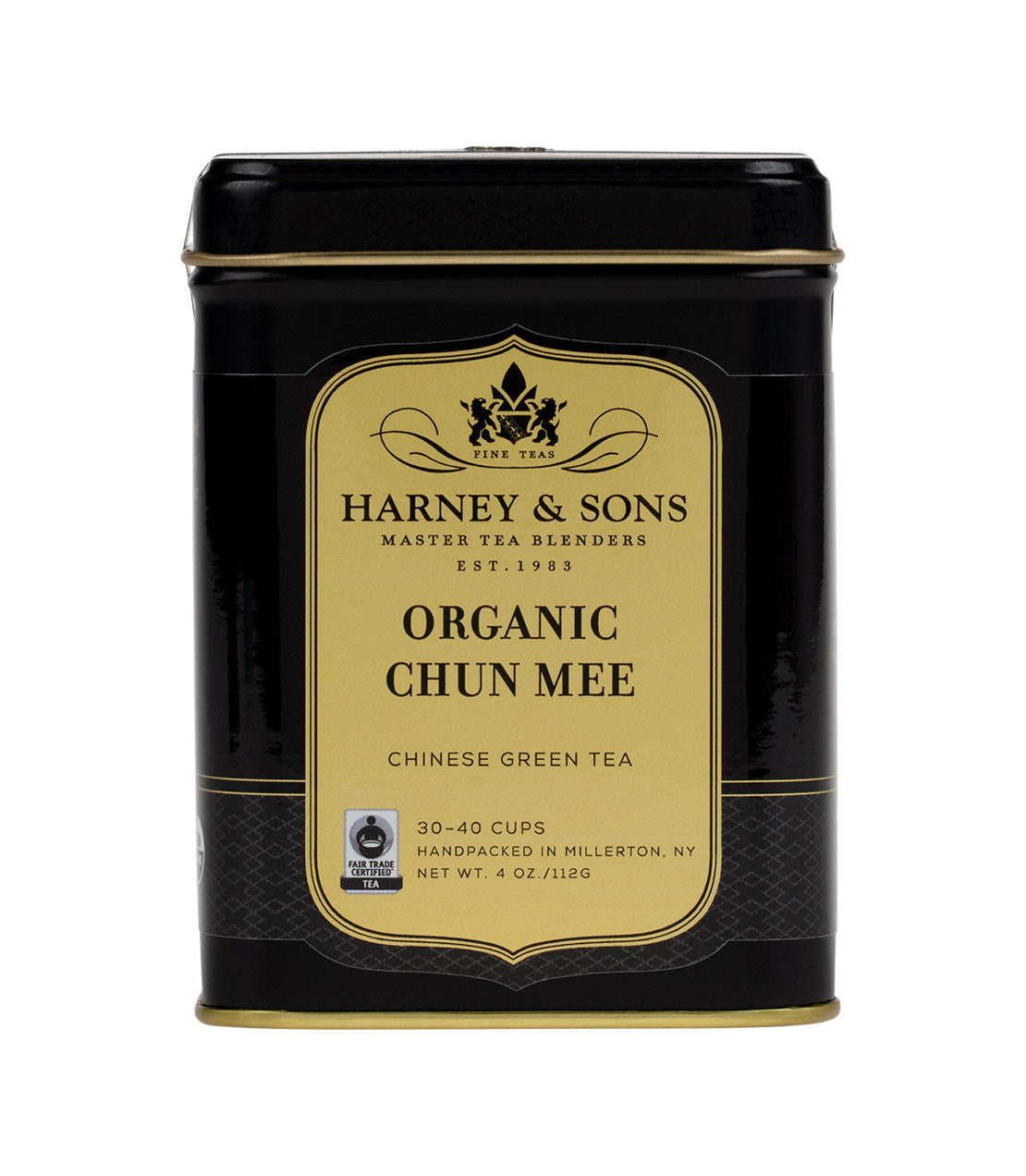 Black tin of Harney & Sons Organic Chun Mee green tea, 4 oz, labeled for 30-40 cups, handpacked in Millerton, NY.