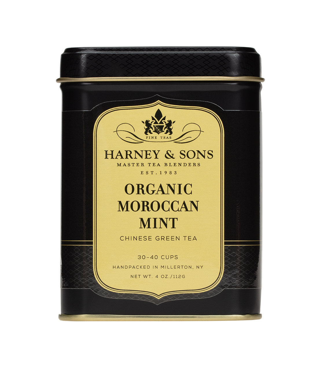 Black tin of Harney & Sons Organic Moroccan Mint tea, featuring green tea and mint, 4 oz packaging.