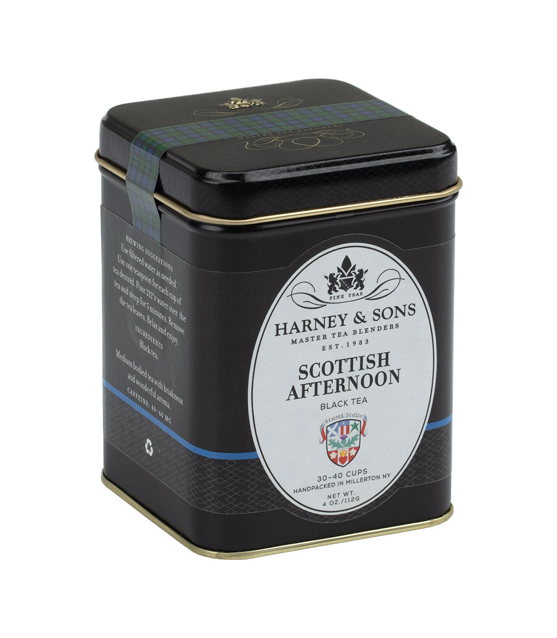 Black tea tin labeled "Scottish Afternoon" by Harney & Sons, featuring a tartan design and gold accents.