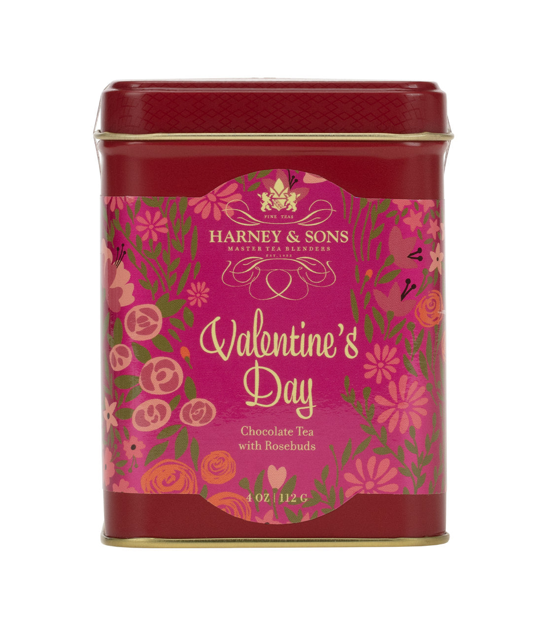 Red tin of Harney & Sons Valentine's Day chocolate tea with rosebud design, 4 oz. Perfect gift for tea lovers.