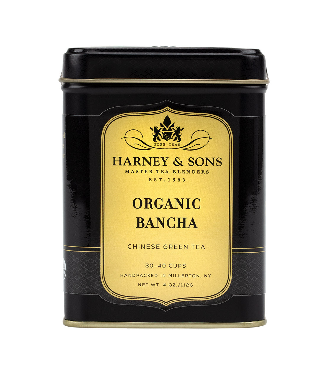 Harney & Sons Organic Bancha tea tin, 4 oz, featuring elegant black and gold design, labeled for 30-40 cups.