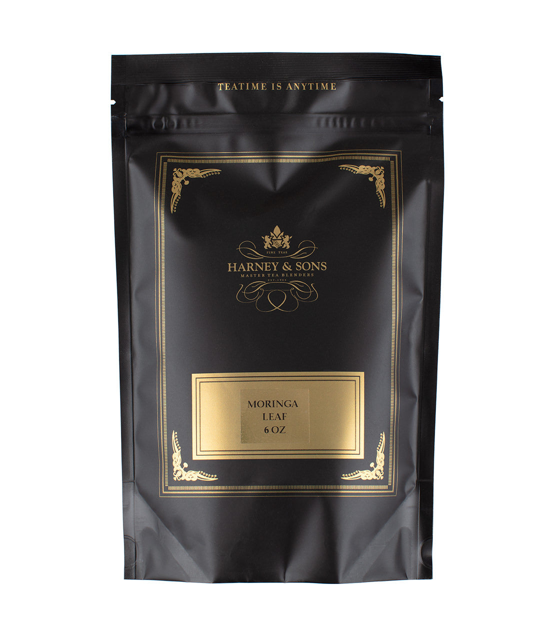 Black packaging of Harney & Sons Moringa Leaf, 6 oz, featuring elegant gold accents and label design.