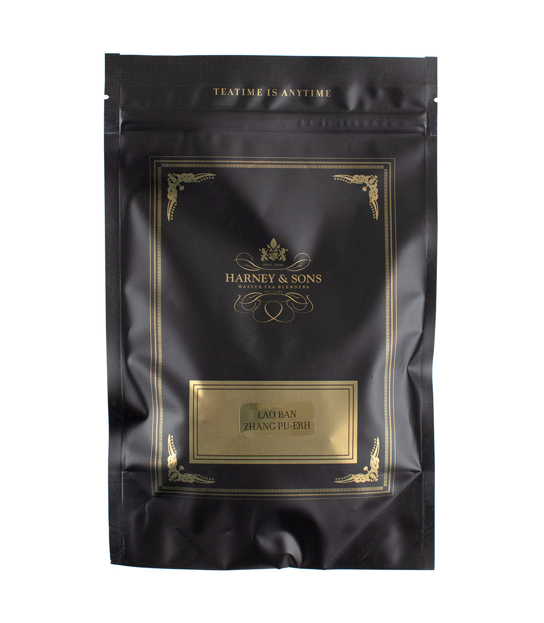 Elegant black packaging of Lao Ban Zhang Pu-Erh tea by Harney & Sons, featuring gold accents and a classic design.