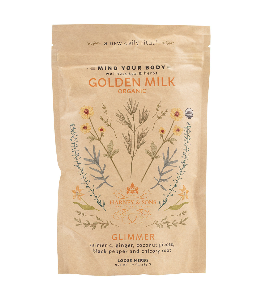 Organic Golden Milk blend featuring turmeric, ginger, coconut, black pepper, and chicory root in a decorative package.