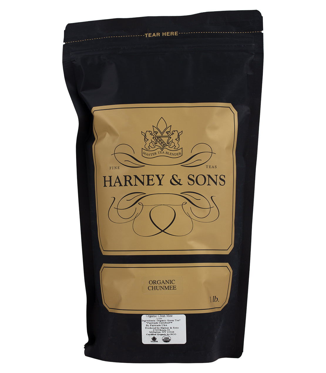 Black packaging of Harney & Sons Organic Chun Mee tea, featuring a gold label and tear-off top.
