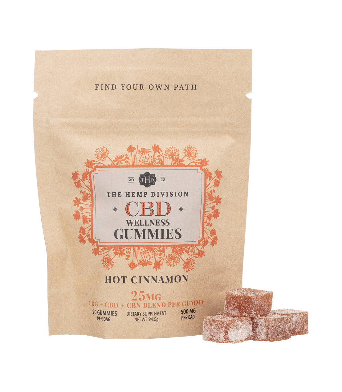 Hot Cinnamon Hemp Wellness Gummies package with gummies, featuring 25mg CBD per gummy and 500mg per bag.