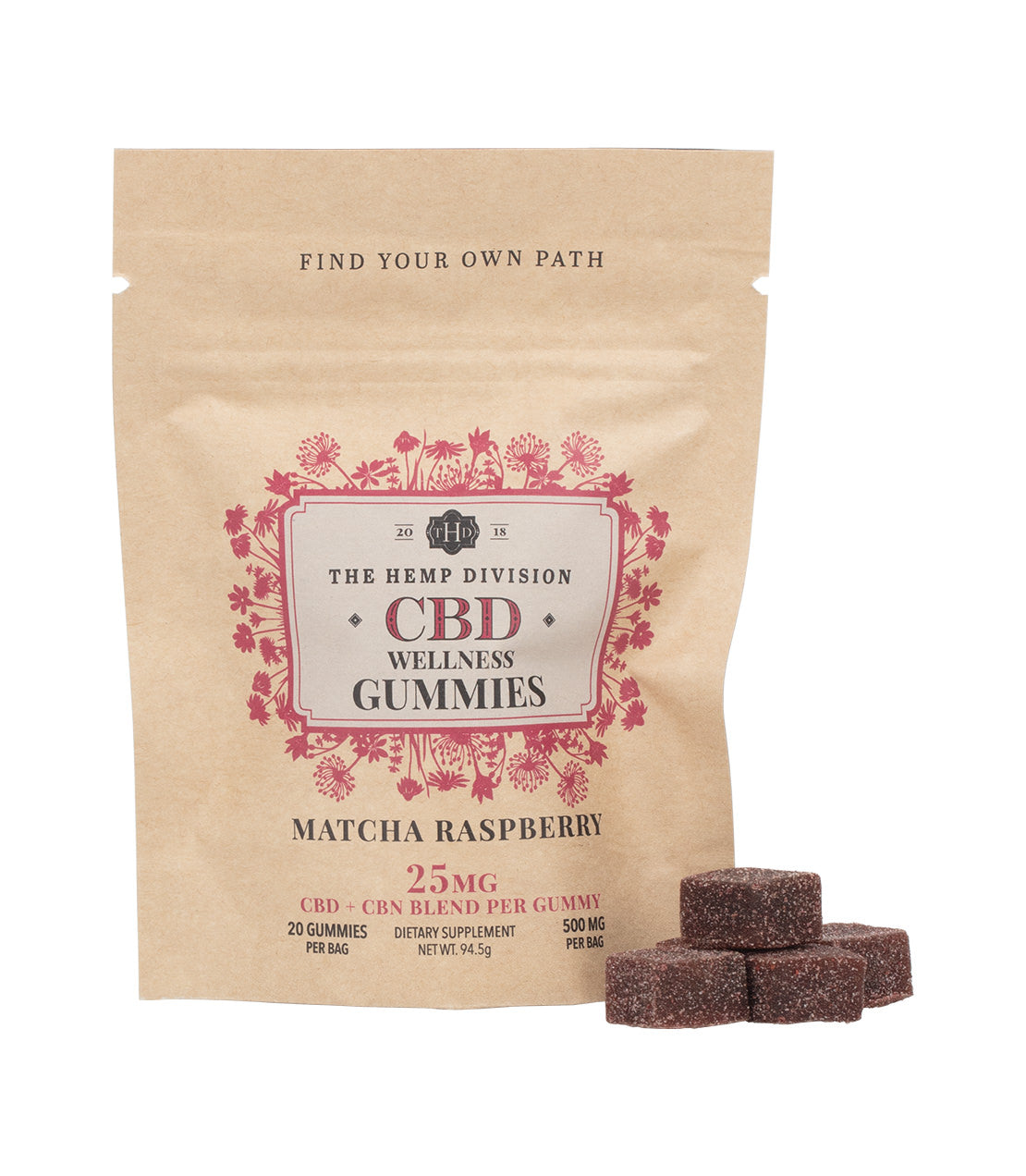 Matcha Raspberry Hemp Wellness Gummies package with gummies, featuring 25mg CBD and CBN per gummy.