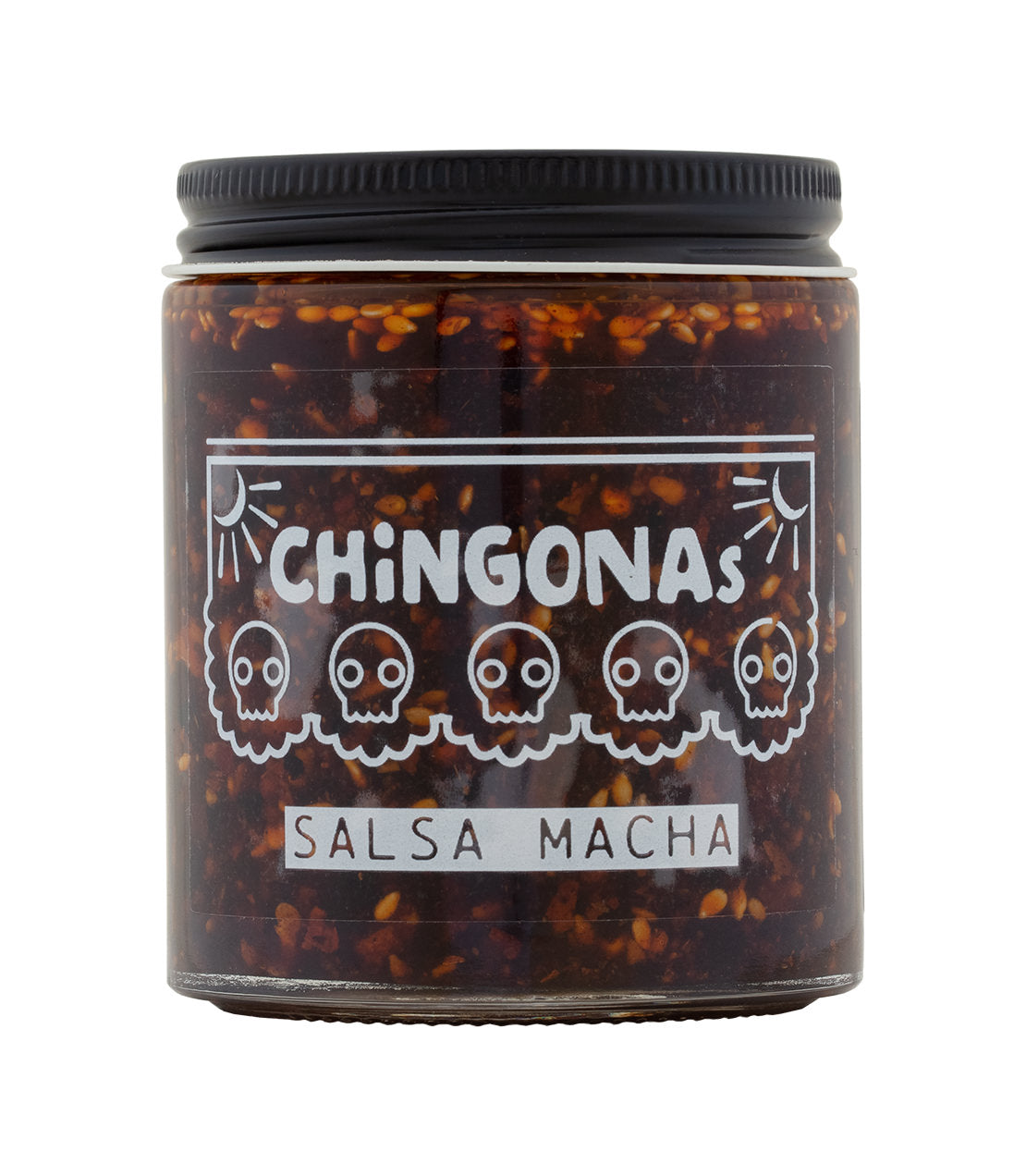 Jar of CHiNGONAs Salsa Macha featuring a dark, spicy sauce with a playful skull design on the label.