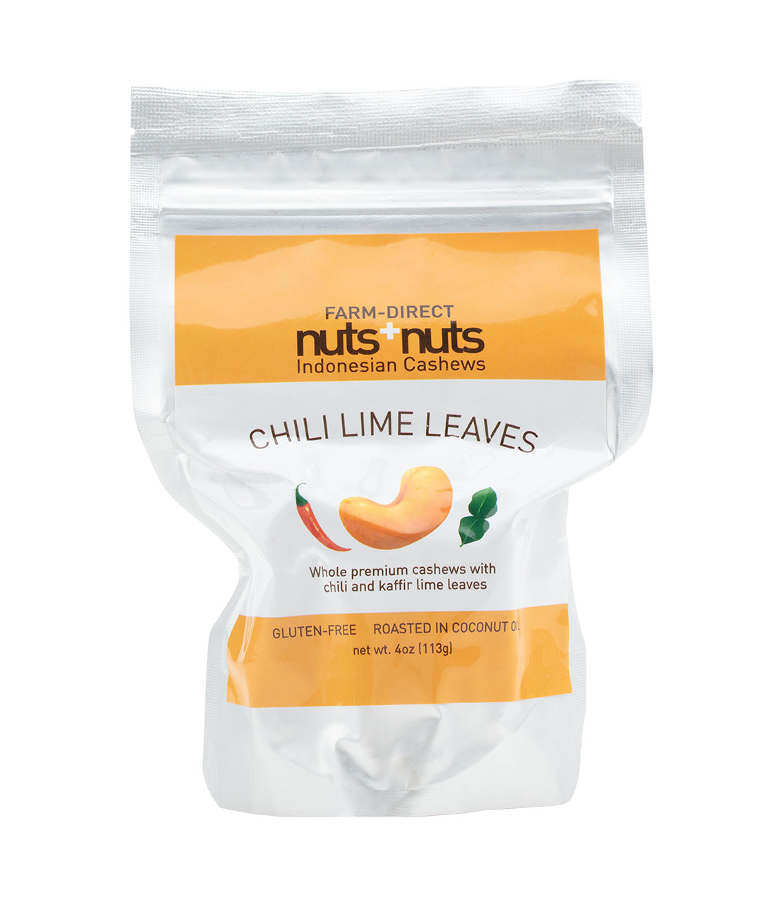 Package of Nuts + Nuts Chili Lime Leaves cashews, featuring a clear bag with vibrant branding and flavor description.