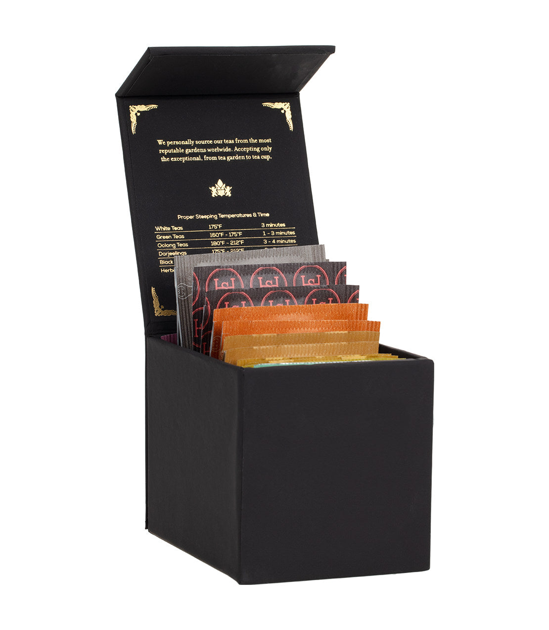 Harney Heritage herbal and decaf teabag sampler in a black box, featuring assorted tea bags and brewing instructions.