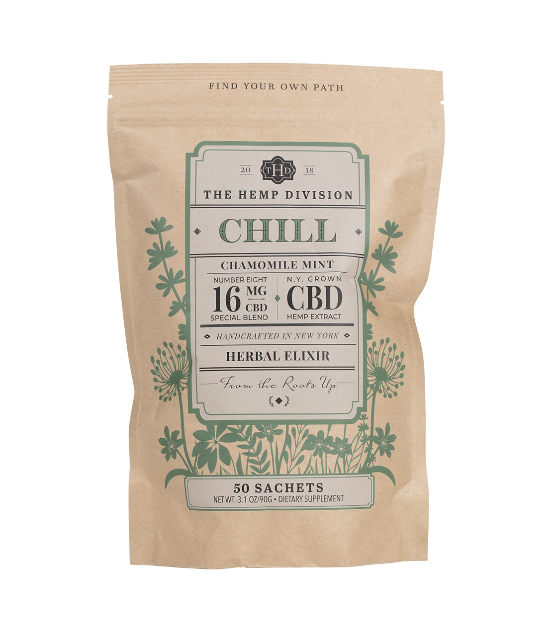 Chamomile Mint Chill herbal elixir packaging with 50 sachets, featuring 16 mg CBD per serving and floral design.