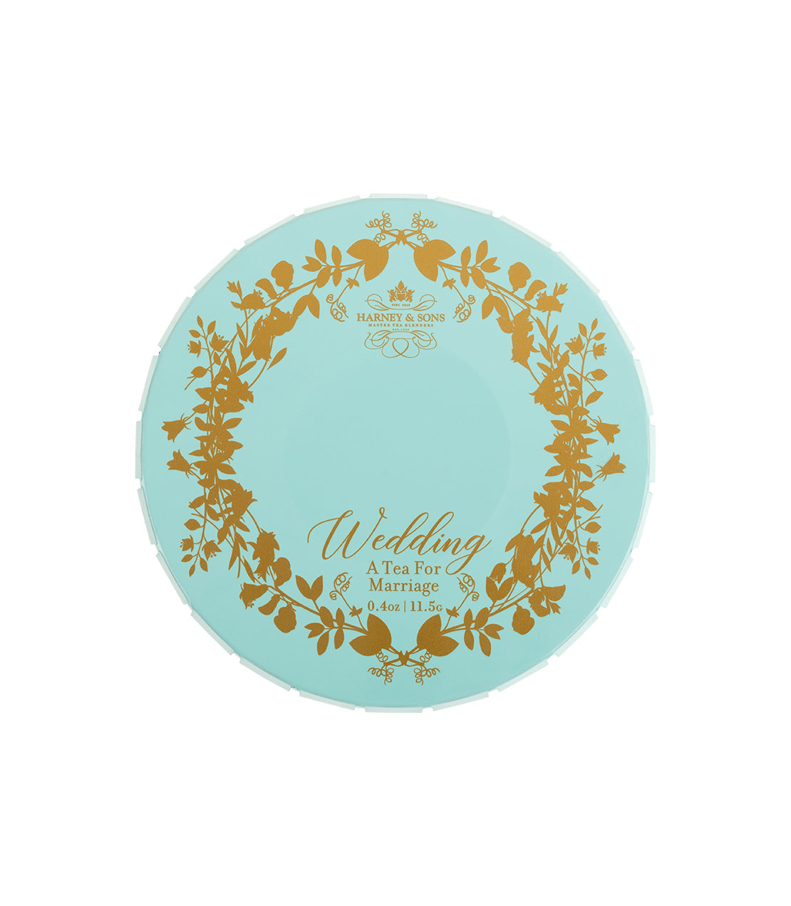 Elegant wedding tea tin featuring a gold floral design and the text "Wedding: A Tea For Marriage.