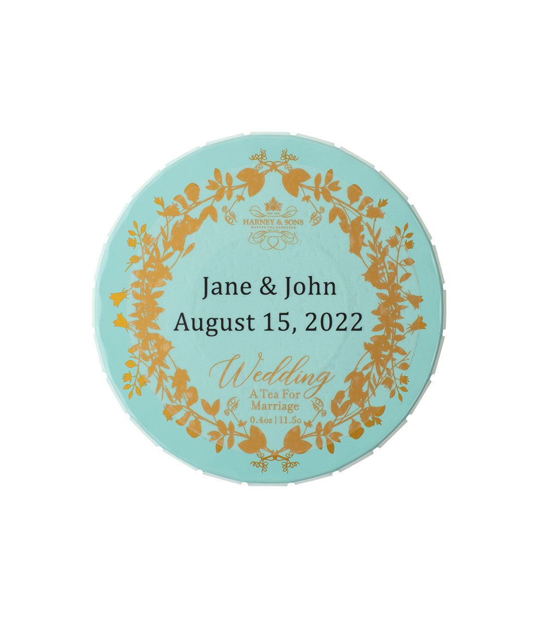 Personalized wedding tea tin featuring gold floral design, names, and date, containing 5 sachets.