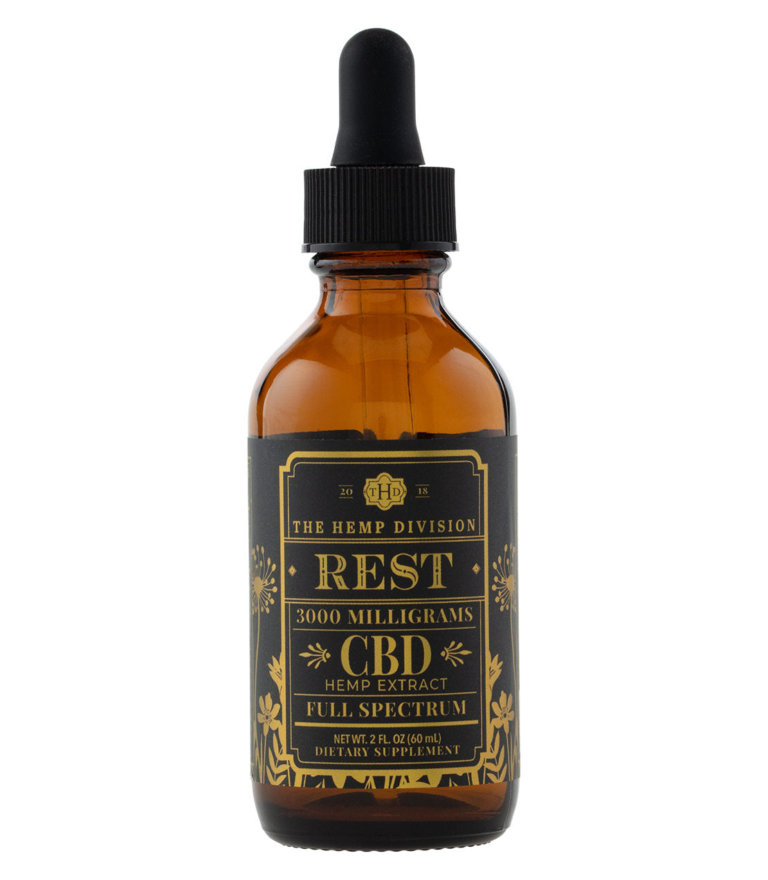 "Rest Hemp Extract Extra Strength Tincture 3000 MG in amber glass bottle with dropper, labeled full spectrum CBD.