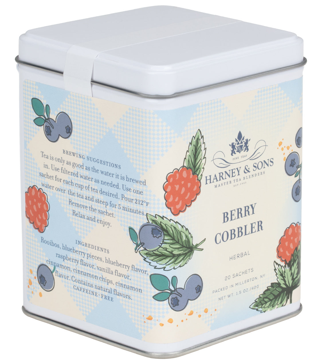 Tin of 20 Berry Cobbler herbal tea sachets by Harney & Sons, featuring colorful fruit illustrations and brewing instructions.