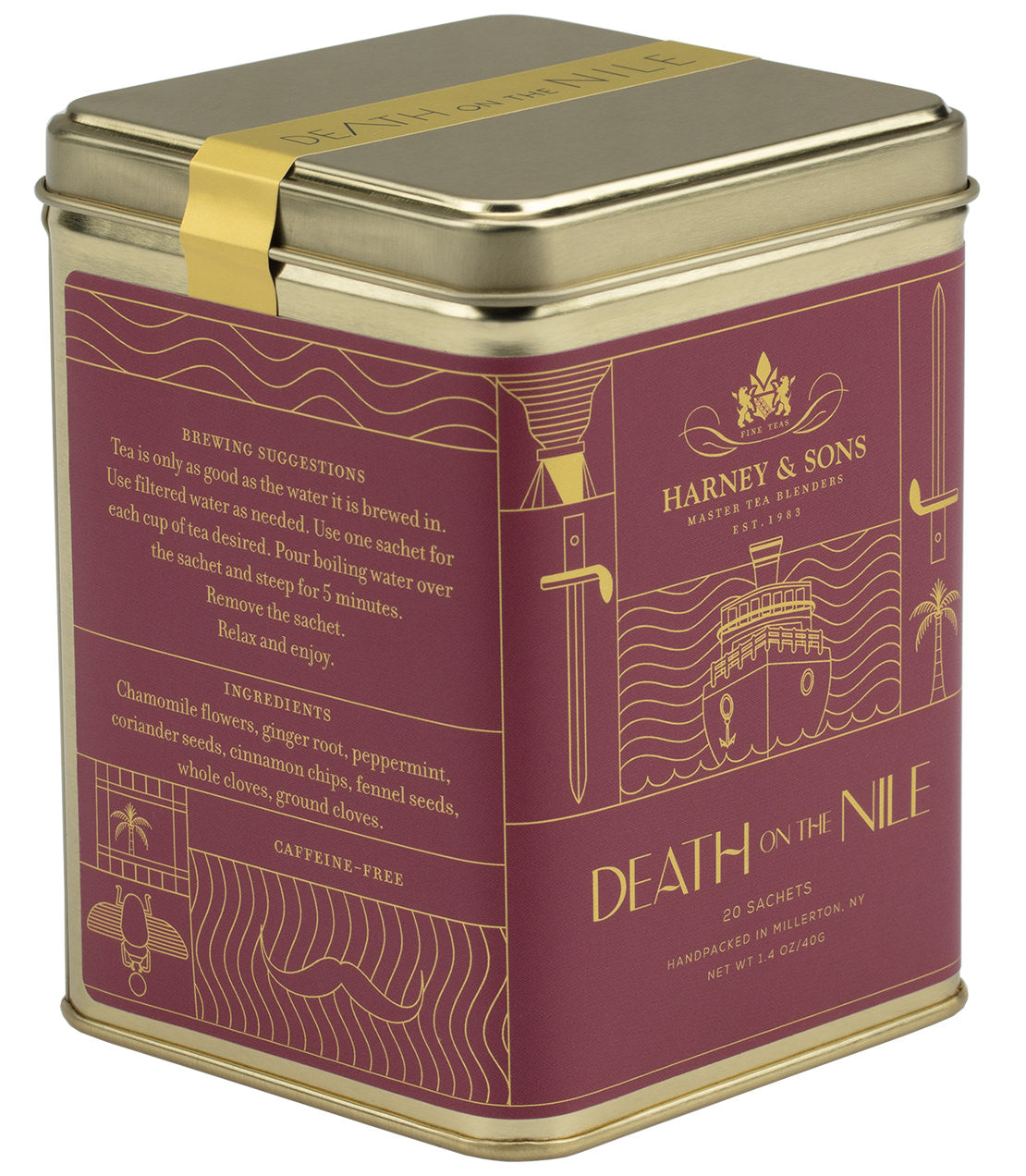 Gold tin of "Death on the Nile" tea sachets by Harney & Sons, containing 20 caffeine-free herbal blends.