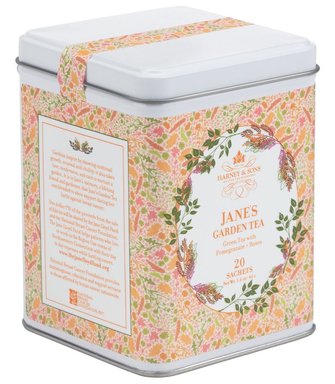 Decorative tin of Jane's Garden Tea by Harney & Sons, featuring green tea with pomegranate and rose, 20 sachets.
