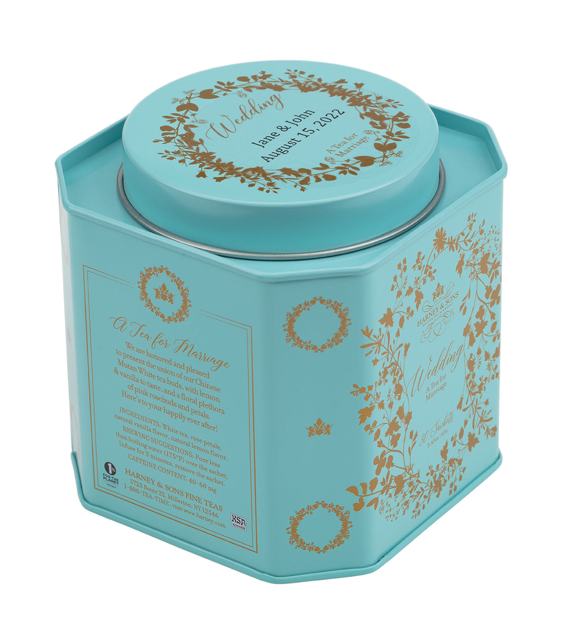 Personalized wedding tea tin with 30 sachets, featuring floral design and custom text for special occasions.