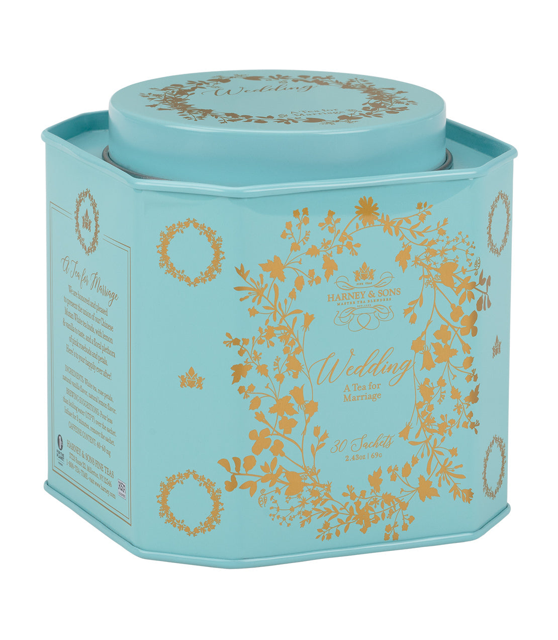 Elegant turquoise tin of Harney & Sons Wedding Tea, featuring gold floral design and 30 tea sachets inside.