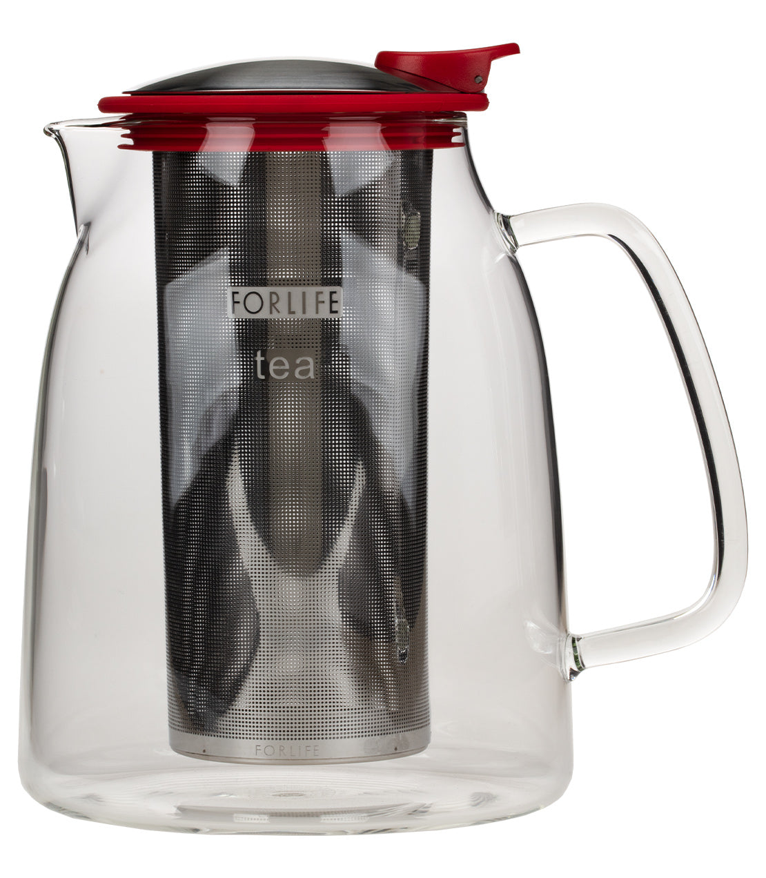 ForLife Mist Glass Iced Tea Jug, 68 oz, featuring a stainless steel infuser and a colorful lid, ideal for brewing tea.