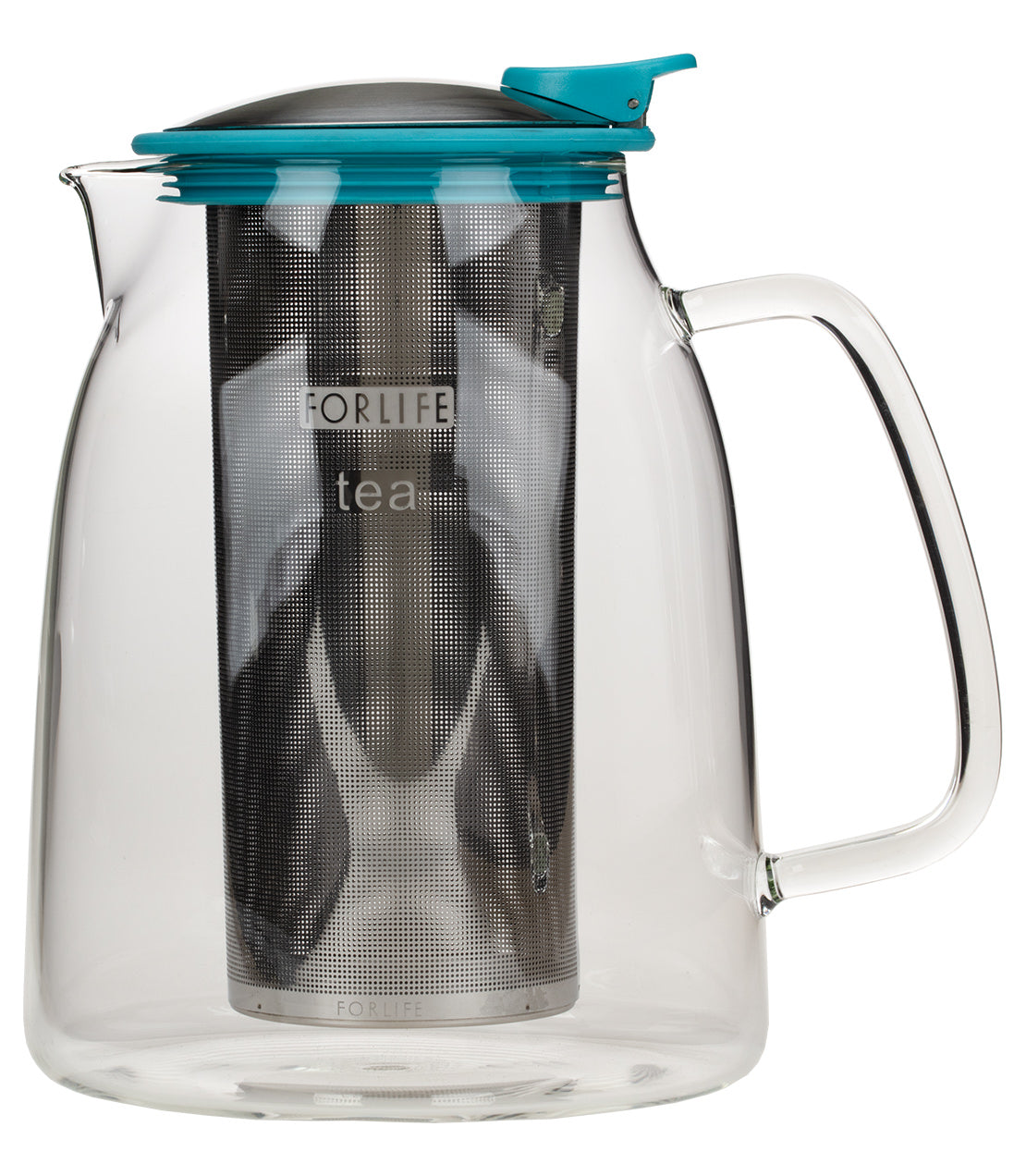 ForLife Mist Glass Iced Tea Jug, 68 oz, featuring a stainless steel infuser and a colorful lid. Perfect for brewing iced tea.