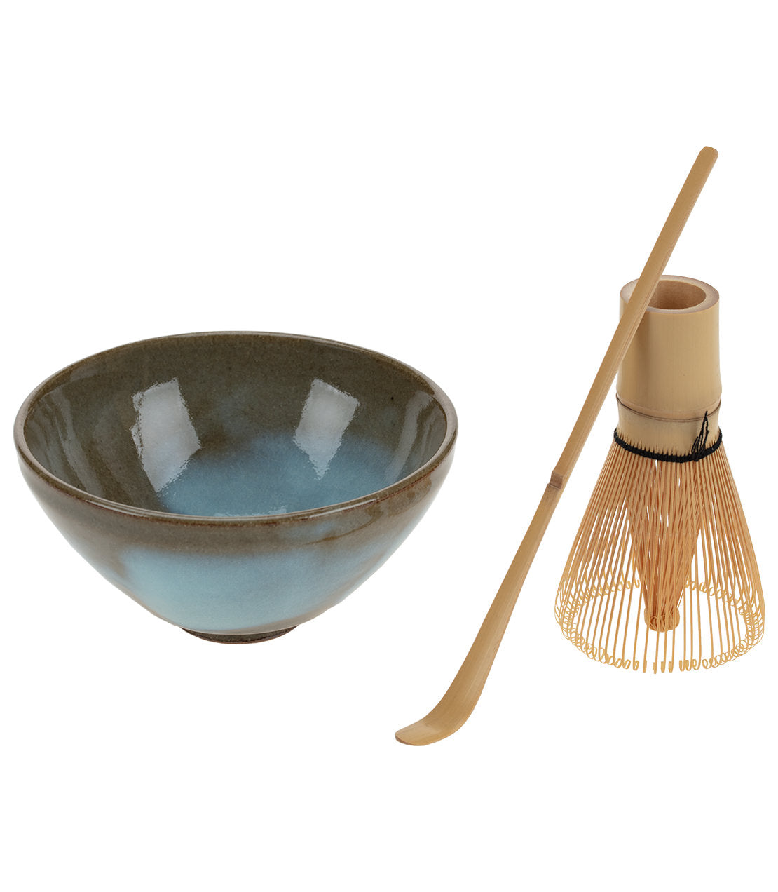 Assorted matcha set featuring a ceramic bowl, bamboo whisk, and scoop for preparing matcha tea.