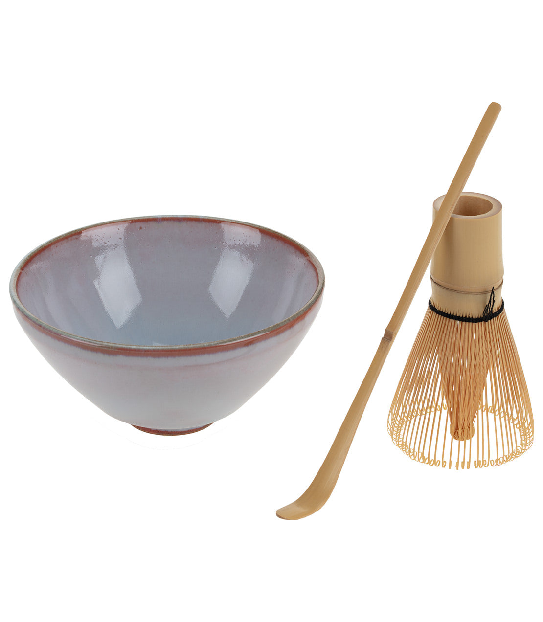 Assorted matcha set featuring a ceramic bowl, bamboo whisk, and scoop for preparing matcha tea.