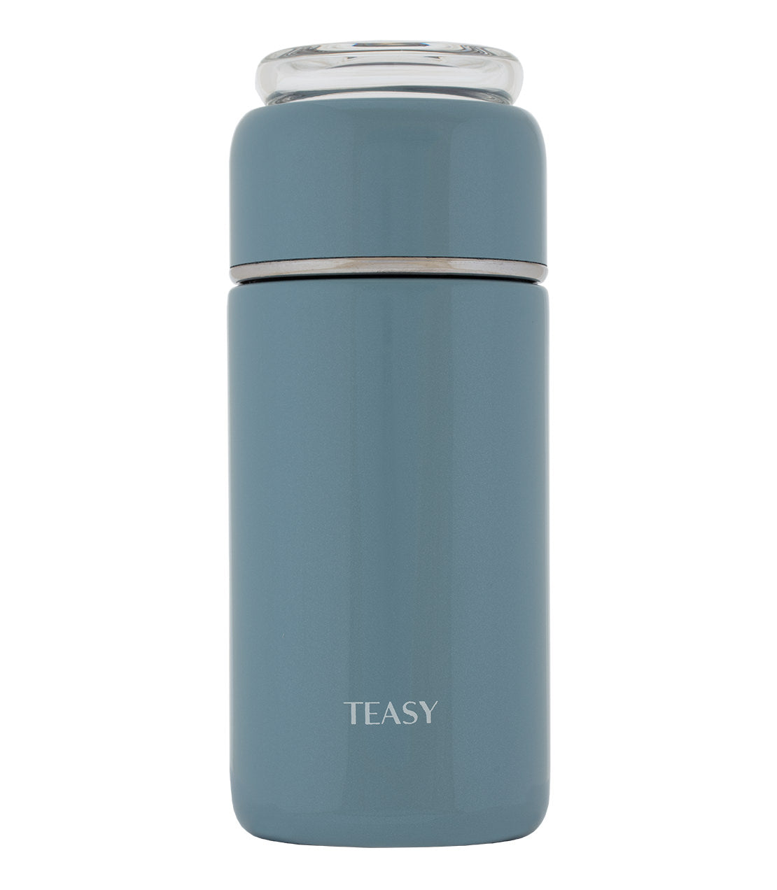 Teasy Insulated Flask in blue, featuring a sleek design and glass lid for optimal temperature retention.