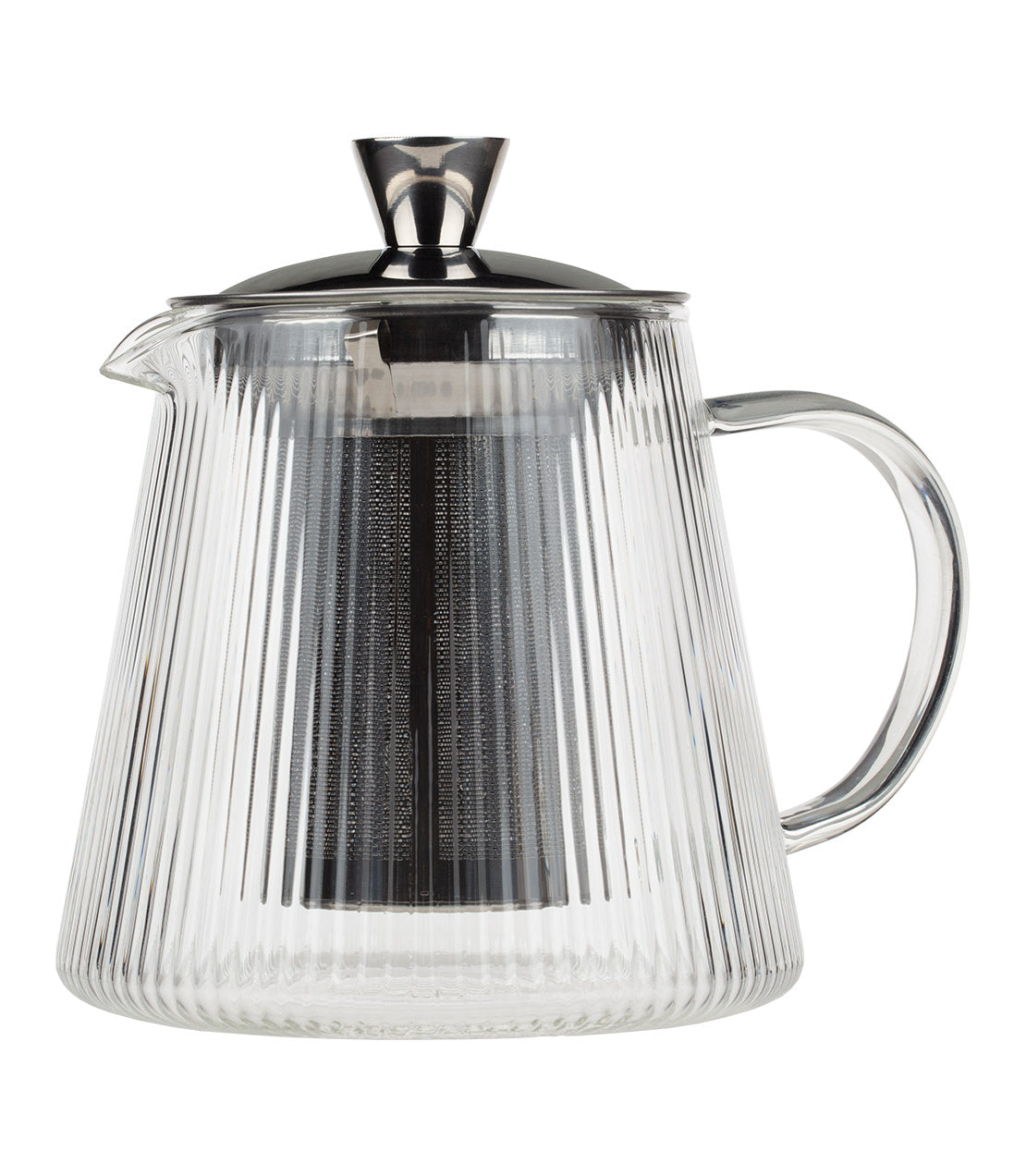 Cristel glass teapot with ribbed design, stainless steel lid, and built-in infuser for brewing tea.