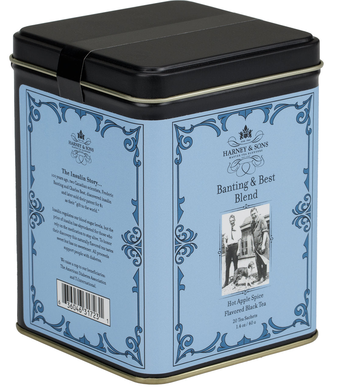 Banting & Best Blend tea tin featuring 20 sachets, with a vintage design and hot apple spice flavor.