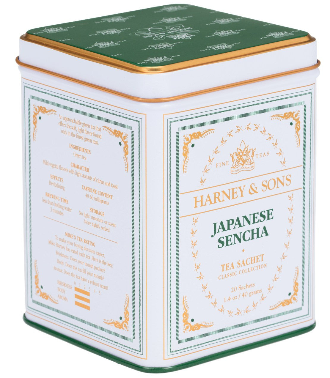 Classic tin of 20 sachets of Harney & Sons Japanese Sencha green tea, featuring elegant packaging design.