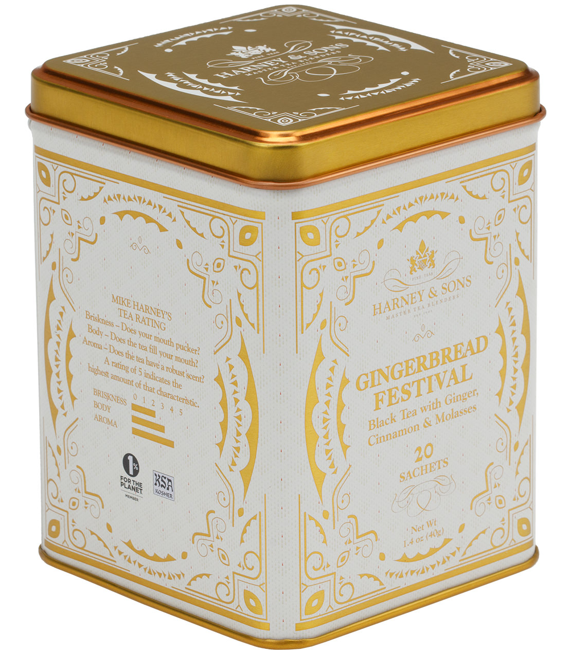 Gingerbread Festival tea tin featuring 20 sachets of black tea with ginger, cinnamon, and molasses.